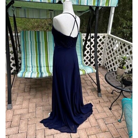 Lulus Womens Blue Gown Medium Madalyn V Neck Lace Chiffon Full Length Maxi - Picture 11 of 15